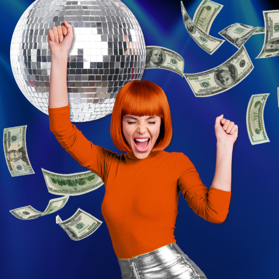 Girl excited with money and disco ball